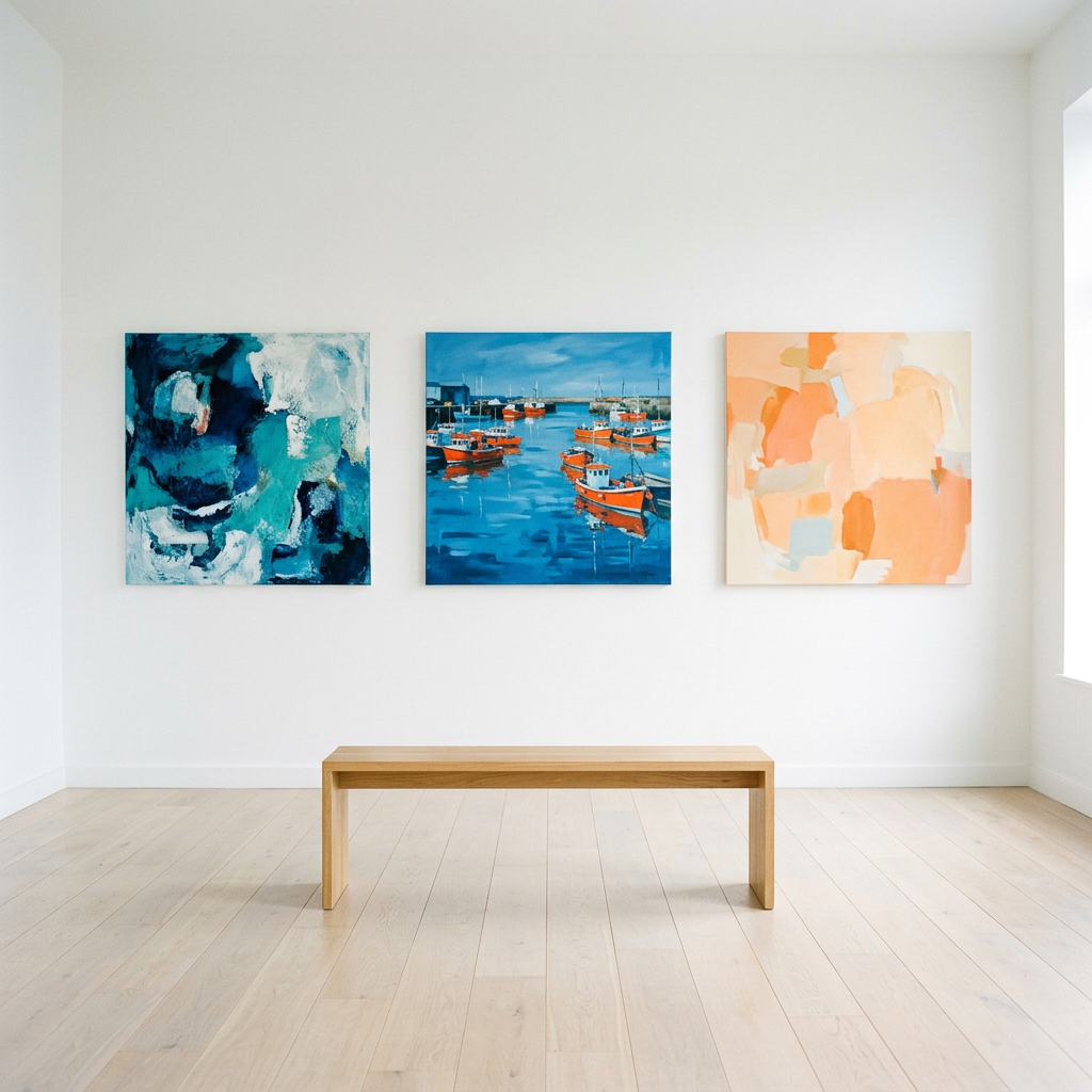 Generated image of a bright gallery room with three paintings on a white wall