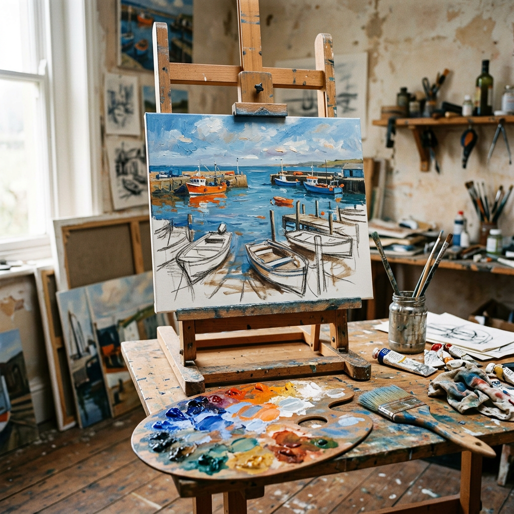 Generated image of the harbour painting half finished on an easel, with a loaded palette