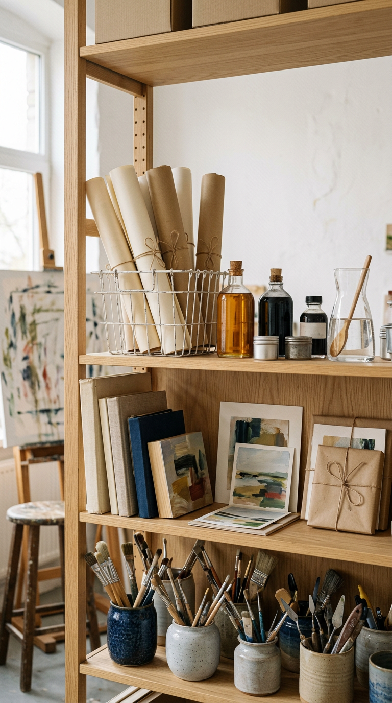 Oak studio shelves holding rolled paper in a wire basket, small paintings, sketchbooks and jars of brushes