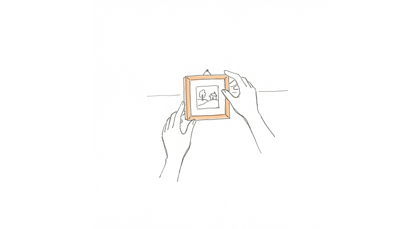 Hand-drawn hands hanging a small framed picture
